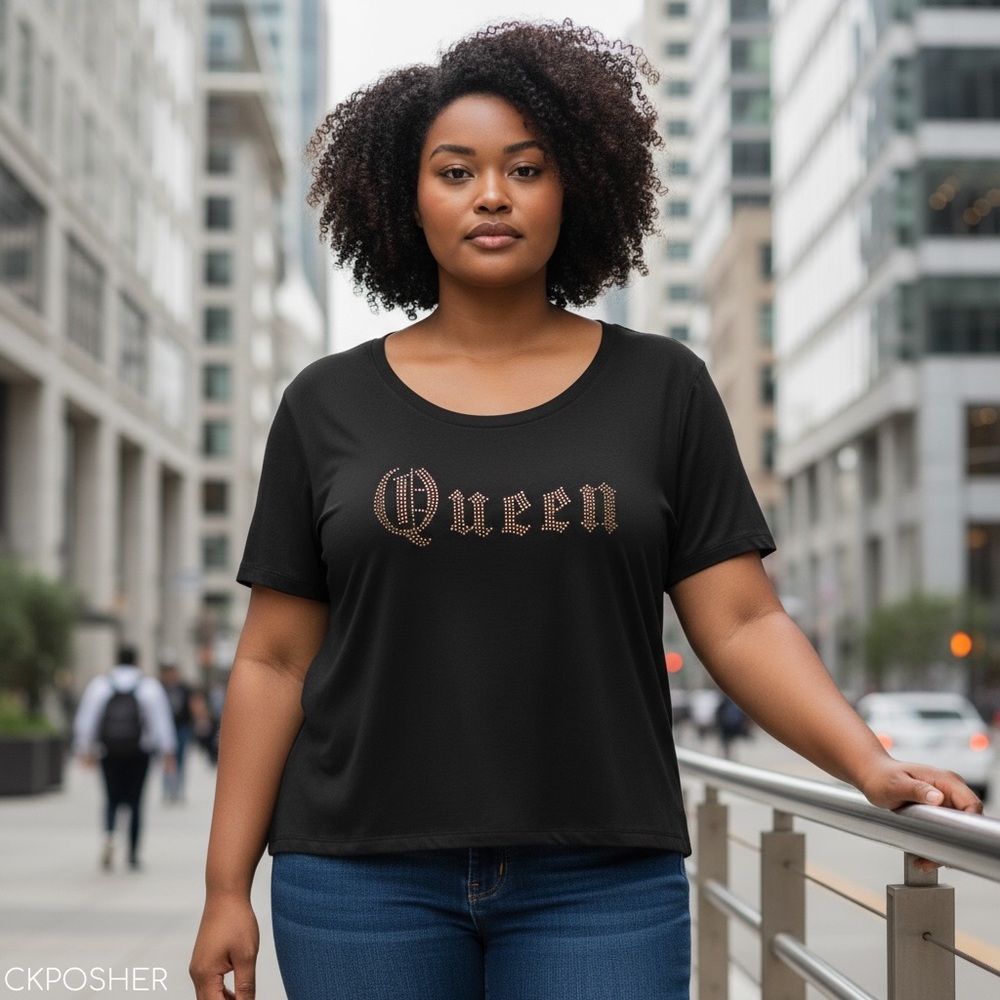 QUEEN Gold Golden Bling Black Short Sleeve Top Plus 1X 2X